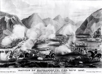 Schlacht von Sacramento: Gewaltiger Angriff der mexikanischen Lanzenreiter, 28. Februar 1847, graviert und veröffentlicht von Nathanial Currier, 1847